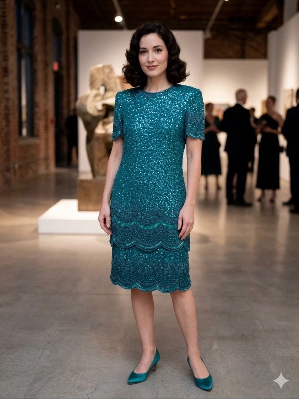 Laurence Kazar 80s Teal 100 Percent Silk Beaded Sequin Dress Tiered Glam M